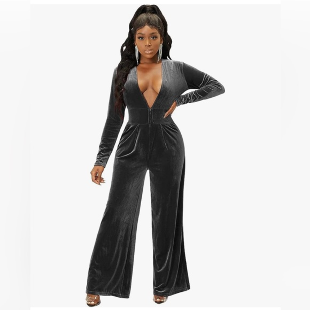SheKiss Womens  Sexy Deep V Neck Solid‎ Velvet Jumpsuit Long Sleeves wide leg